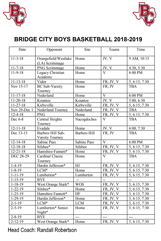 2018-19 Boys Basketball Schedules - KOGT