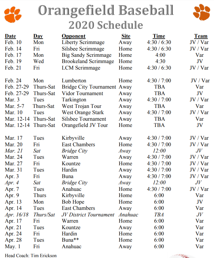 2020 Baseball/Softball Schedules - KOGT