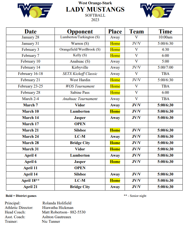 2023 Baseball/Softball Schedules KOGT