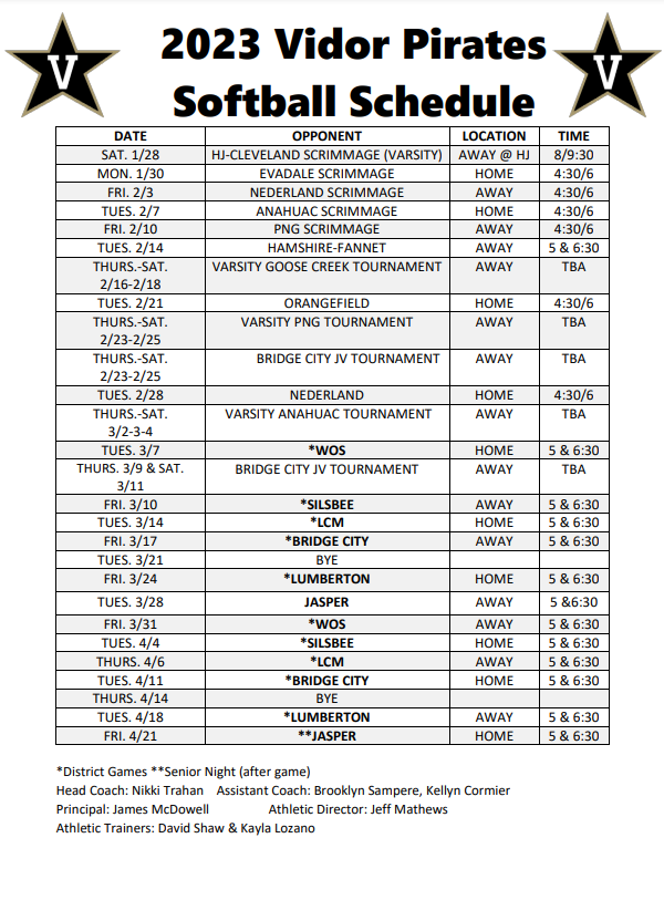 2023 Baseball/Softball Schedules KOGT